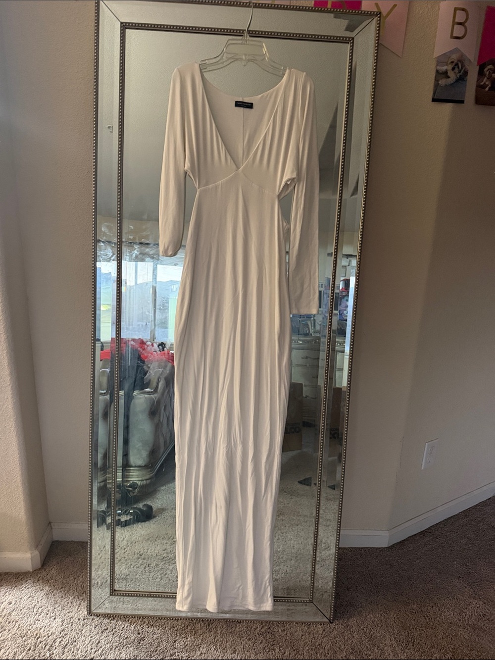 naked wardrobe Cream V-Neck Long Sleeve Maxi Dress